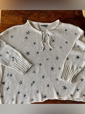 Wooden Ships Nautilus Ivory Sea Star-Print Knit Sweater with Tie Neck Sz M/L
